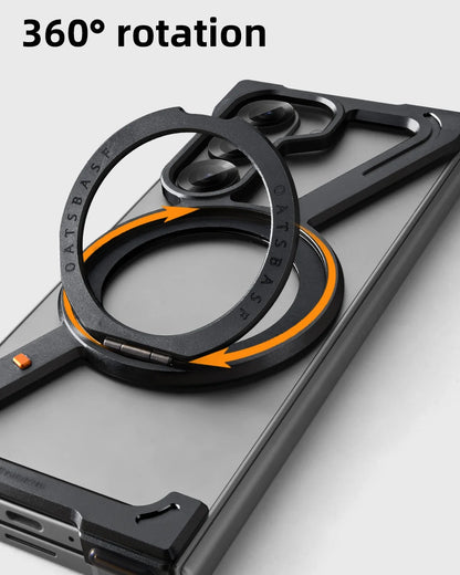 Samsung Galaxy Z Fold5 Frameless Z Shape Metal Bumper Case with 360 Rotating Stand Ring - Titanium