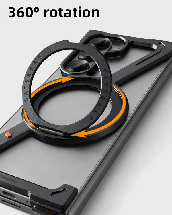 Samsung Galaxy Z Fold5 Frameless Z Shape Metal Bumper Case with 360 Rotating Stand Ring - Black