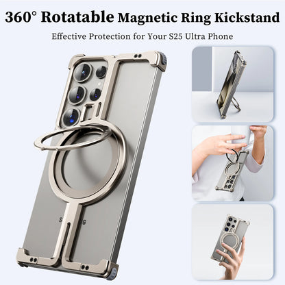 Samsung Galaxy S25 Ultra Frameless Metal Shockproof Bumper Case with Magsafe & 360° Rotatable Ring Kickstand - Desert