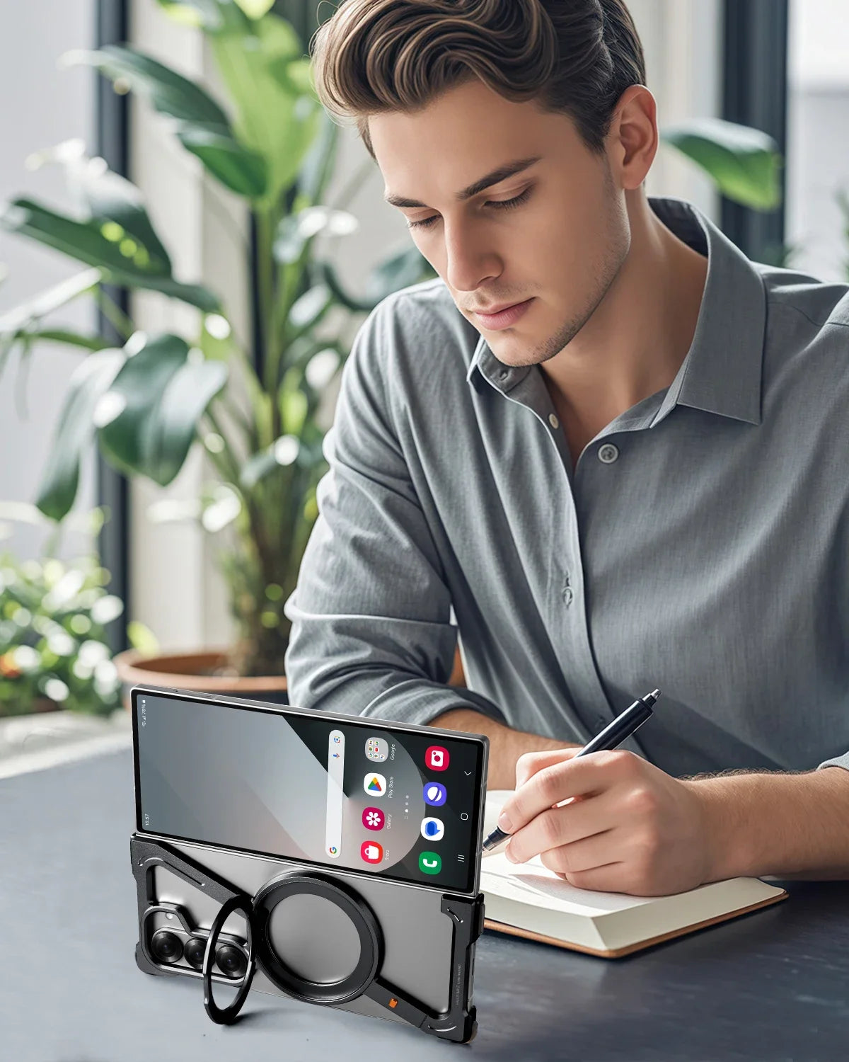 Samsung Galaxy Z Fold5 Frameless Z Shape Metal Bumper Case with 360 Rotating Stand Ring - Titanium