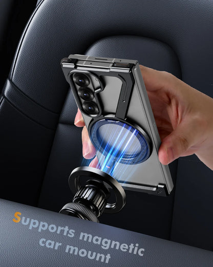 Samsung Galaxy Z Fold5 Frameless Z Shape Metal Bumper Case with 360 Rotating Stand Ring - Titanium