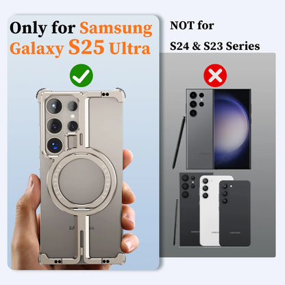 Samsung Galaxy S25 Ultra Frameless Metal Shockproof Bumper Case with Magsafe & 360° Rotatable Ring Kickstand - Desert