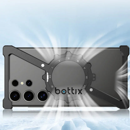 Samsung Galaxy S24 Ultra Luminous Metal Frame Z Shape Borderless Bumper Case with Built-in 360° Rotation Holder - Gray