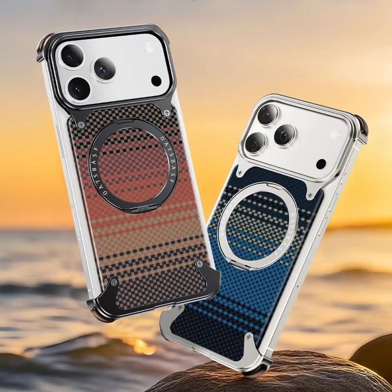 iPhone 17 Pro Max Titan Carbon Metal Frame Case with 360 Rotating Ring - Sunrise