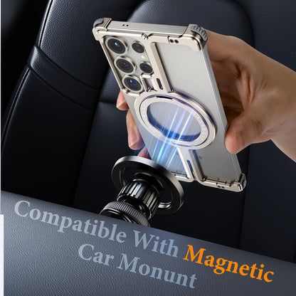 Samsung Galaxy S25 Ultra Frameless Metal Shockproof Bumper Case with Magsafe & 360° Rotatable Ring Kickstand - Desert