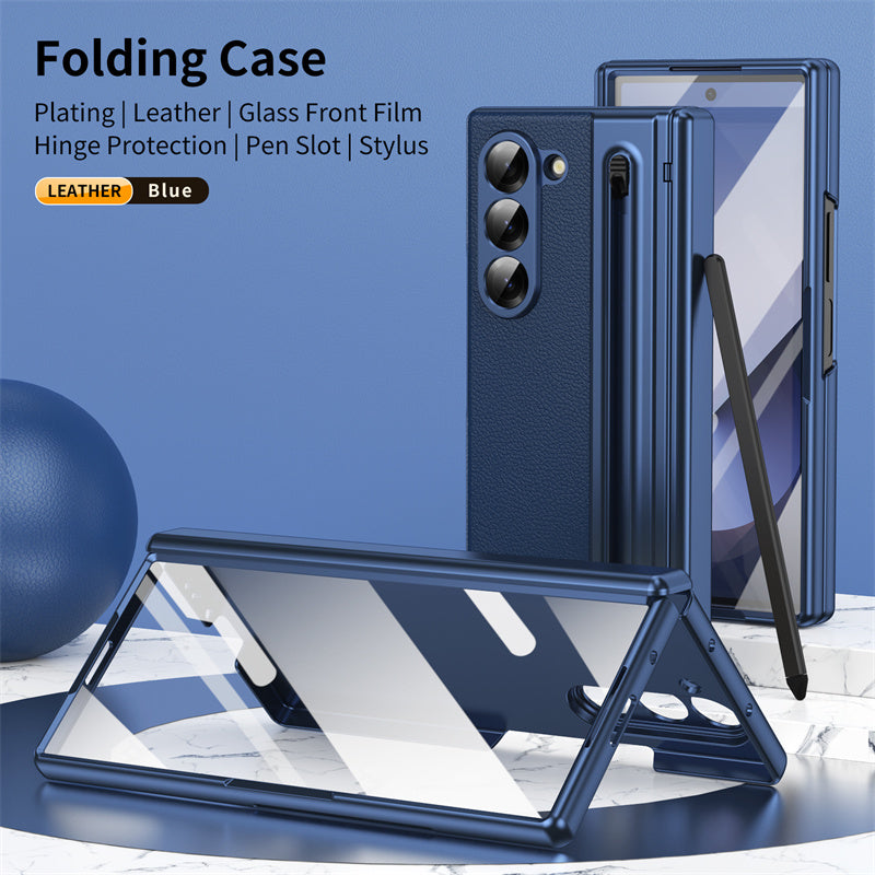 Samsung Galaxy Z Fold 6 Electroplating Leather Case with S Pen & Front Glass Protection - Blue