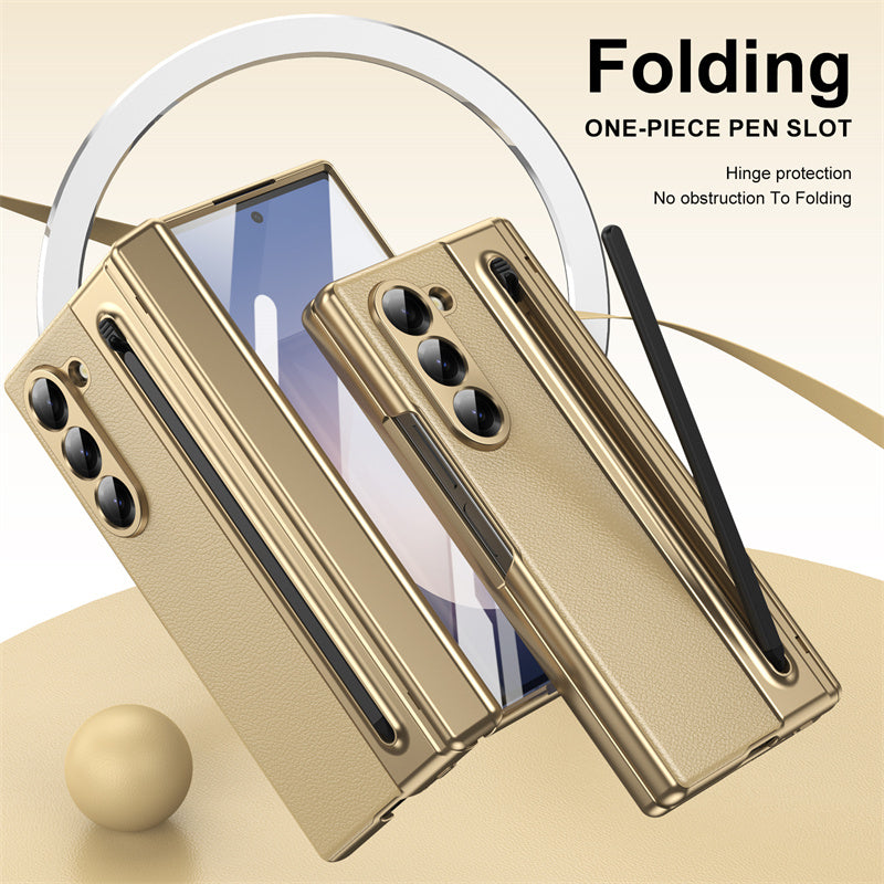 Samsung Galaxy Z Fold 6 Electroplating Leather Case with S Pen & Front Glass Protection - Gold