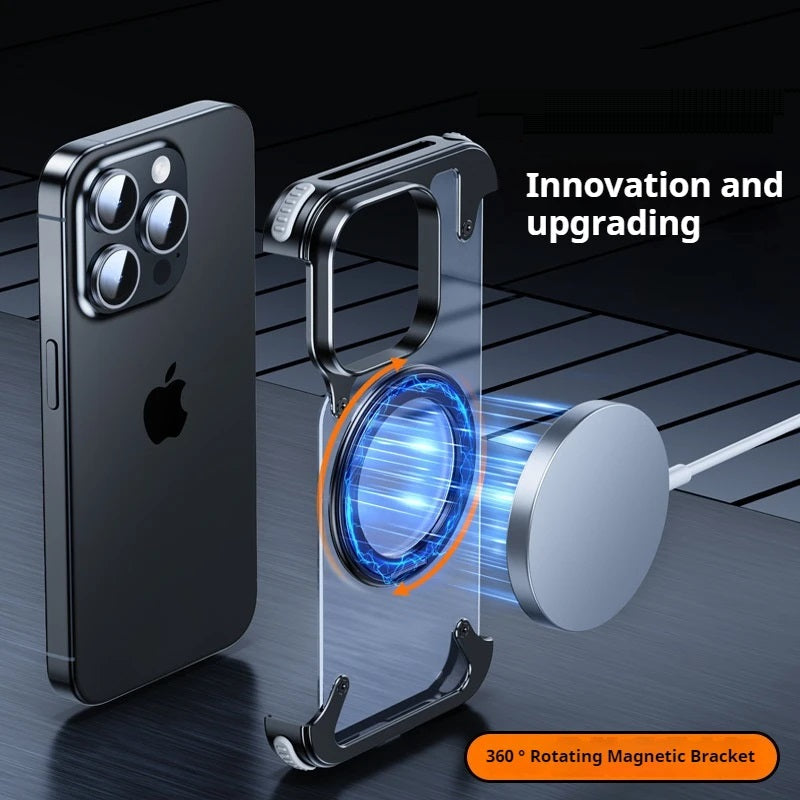iPhone 15 Pro Metal Rimless Leather Rotating Ring Impact Resistance Casing with MagSafe - Titanium