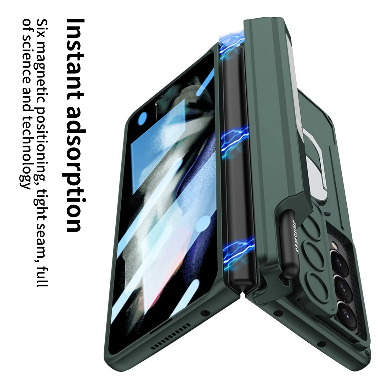 Samsung Galaxy Z Fold 5 Magnetic Hinge & Stand with Pen Holder Protective Case with Glass - Black