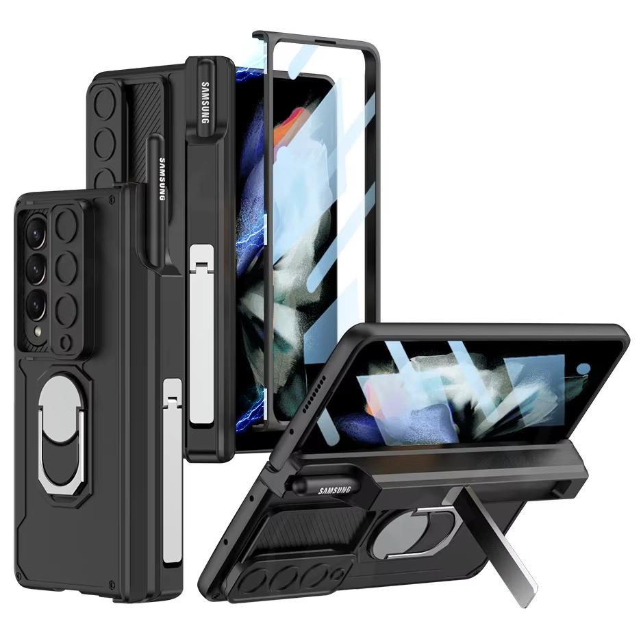 Samsung Galaxy Z Fold 5 Magnetic Hinge & Stand with Pen Holder Protective Case with Glass - Black