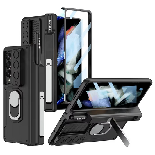 Samsung Galaxy Z Fold 5 Magnetic Hinge & Stand with Pen Holder Protective Case with Glass - Black