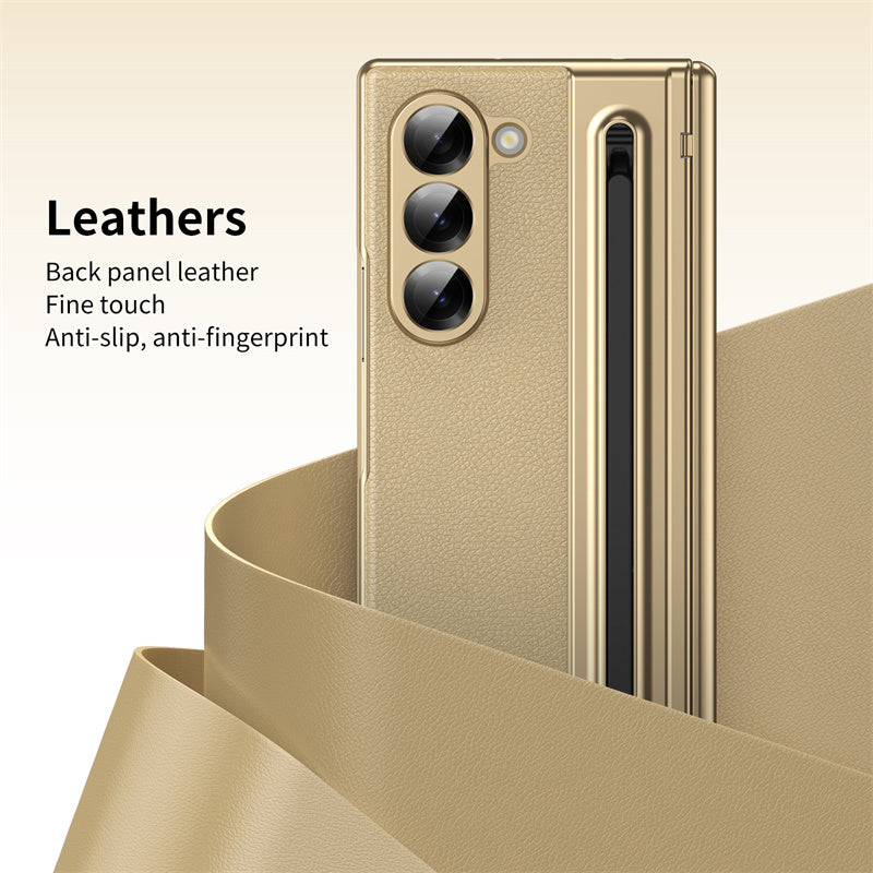 Samsung Galaxy Z Fold 6 Electroplating Leather Case with S Pen & Front Glass Protection - Gold