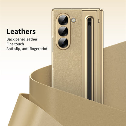 Samsung Galaxy Z Fold 6 Electroplating Leather Case with S Pen & Front Glass Protection - Gold