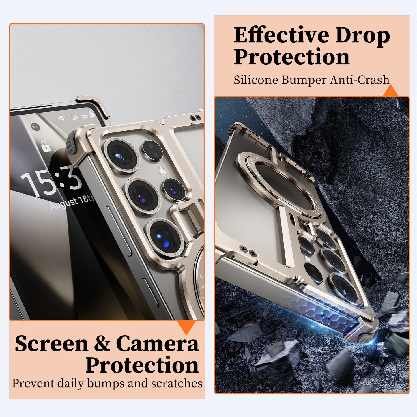Samsung Galaxy S25 Ultra Frameless Metal Shockproof Bumper Case with Magsafe & 360° Rotatable Ring Kickstand - Desert