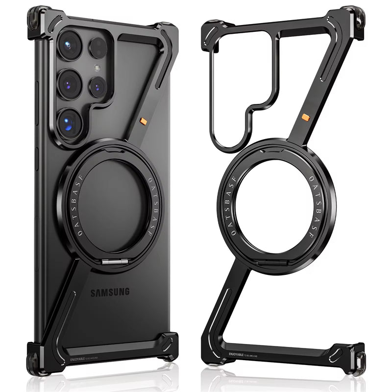 Samsung Galaxy S24 Ultra Z Shape Frameless Metal Bumper Case with Built-in Magsafe & 360° Rotation Ring - Black