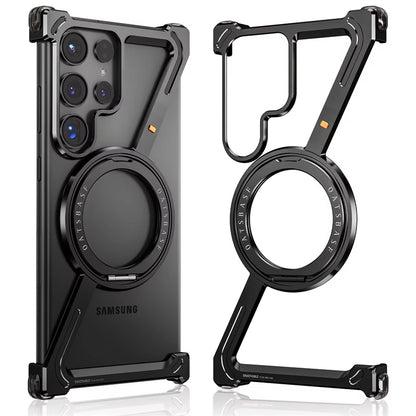 Samsung Galaxy S24 Ultra Z Shape Frameless Metal Bumper Case with Built-in Magsafe & 360° Rotation Ring - Black