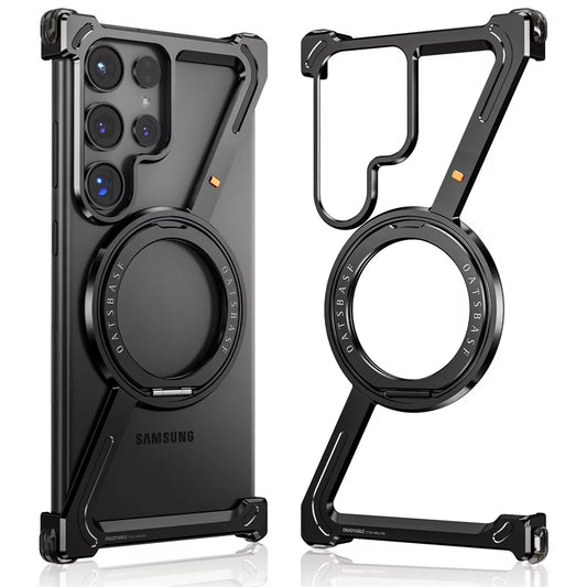 Samsung Galaxy S24 Ultra Z Shape Frameless Metal Bumper Case with Built-in Magsafe & 360° Rotation Ring - Black