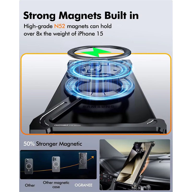 Samsung Galaxy S24 Ultra Z Shape Frameless Metal Bumper Case with Built-in Magsafe & 360° Rotation Ring - Black