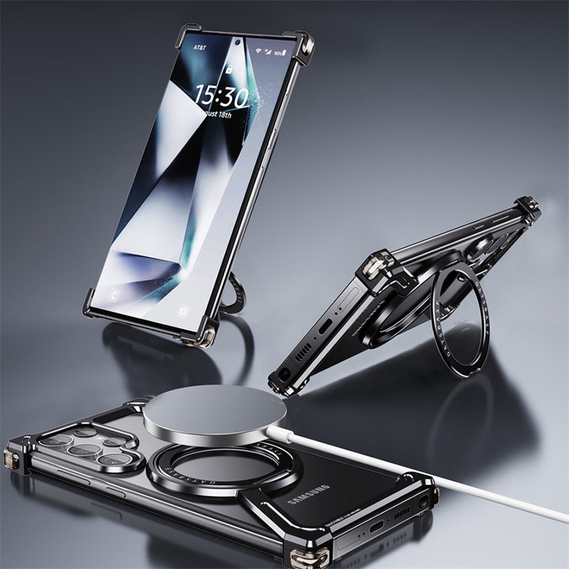 Samsung Galaxy S24 Ultra Z Shape Frameless Metal Bumper Case with Built-in Magsafe & 360° Rotation Ring - Black