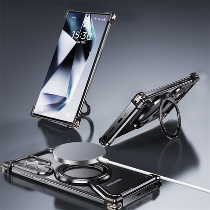 Samsung Galaxy S24 Ultra Z Shape Frameless Metal Bumper Case with Built-in Magsafe & 360° Rotation Ring - Black