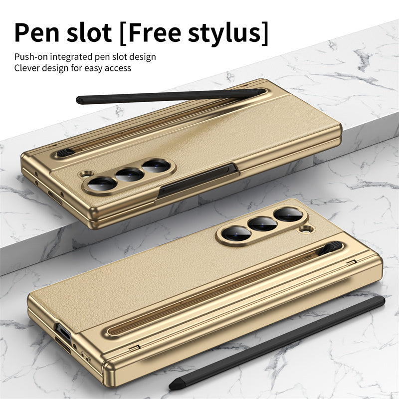 Samsung Galaxy Z Fold 6 Electroplating Leather Case with S Pen & Front Glass Protection - Gold