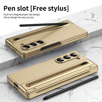 Samsung Galaxy Z Fold 6 Electroplating Leather Case with S Pen & Front Glass Protection - Gold