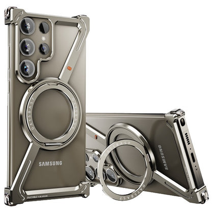 Samsung Galaxy S24 Ultra Z Shape Frameless Metal Bumper Case with Built-in Magsafe & 360° Rotation Ring - Titanium