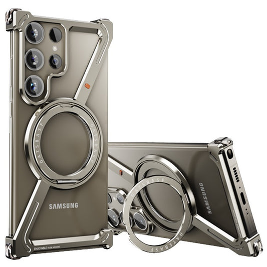 Samsung Galaxy S24 Ultra Z Shape Frameless Metal Bumper Case with Built-in Magsafe & 360° Rotation Ring - Titanium
