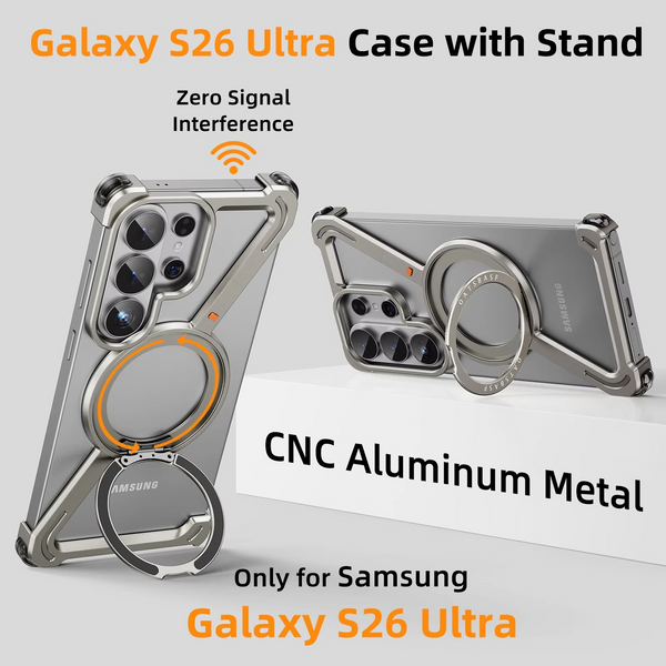 Samsung Galaxy S26 Ultra Z Shape Metal Case with Magsafe & 360° Rotatable Stand - Black