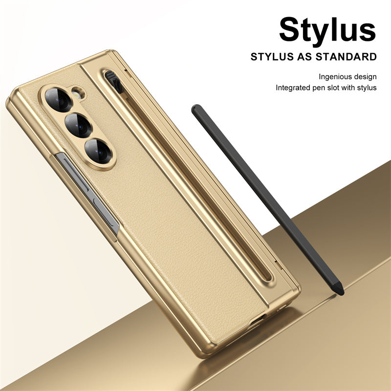 Samsung Galaxy Z Fold 6 Electroplating Leather Case with S Pen & Front Glass Protection - Gold
