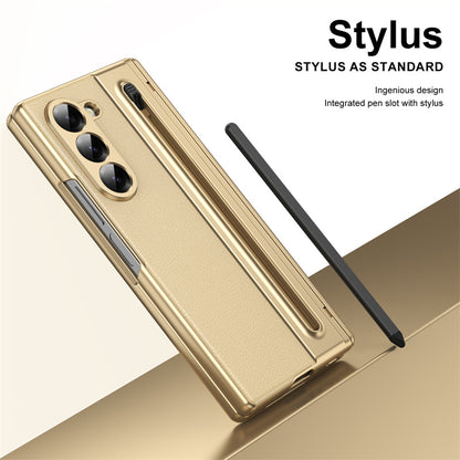 Samsung Galaxy Z Fold 6 Electroplating Leather Case with S Pen & Front Glass Protection - Gold