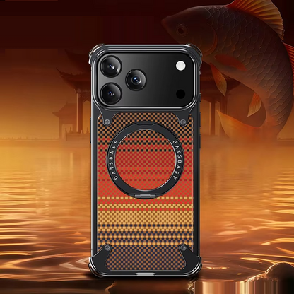 iPhone 17 Pro Titan Carbon Metal Frame Case with 360 Roatating Ring - Sunrise Red