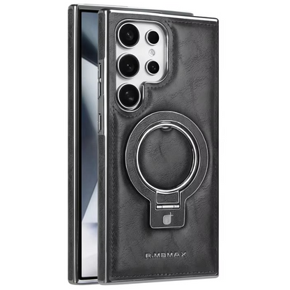 Samsung Galaxy S26 Ultra Luxury Leather Magnetic Shockproof Case with Magsafe & Ring Stand - Black