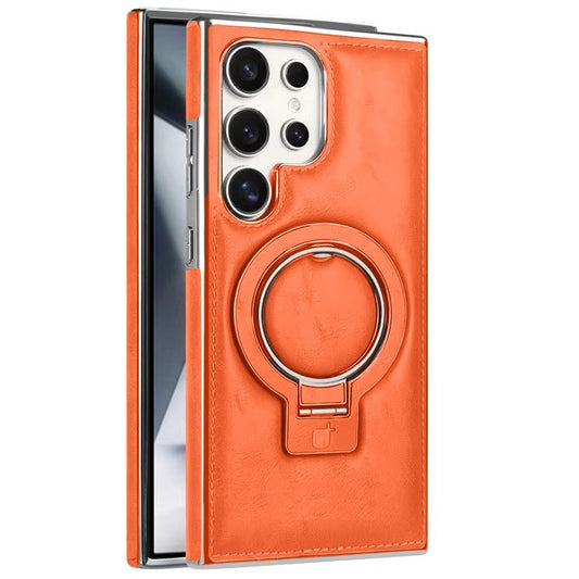Samsung Galaxy S26 Ultra Luxury Leather Magnetic Shockproof Case with Magsafe & Ring Stand - Orange