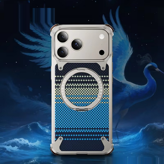 iPhone 17 Pro Max Titan Carbon Metal Frame Case with 360 Roatating Ring - Blue