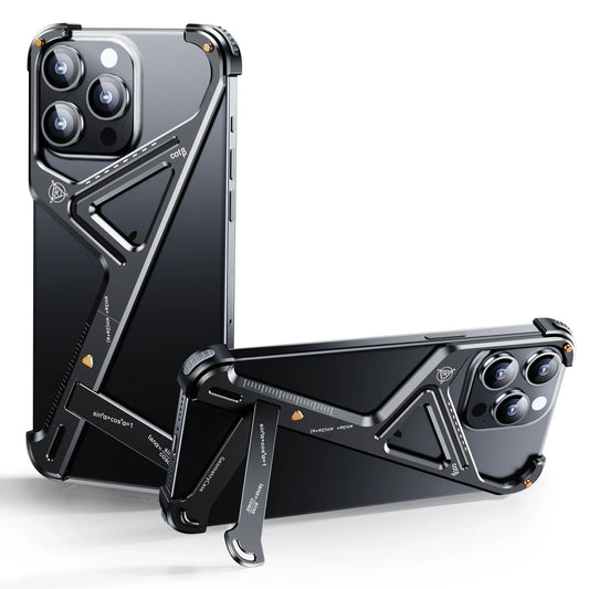 Apple iPhone 16 Pro Luxury Geometric Style Aluminum Frameless Metal Case with Kickstand - Black