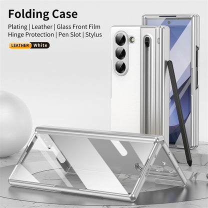 Samsung Galaxy Z Fold 6 Electroplating Leather Case with S Pen & Front Glass Protection - Whitesilver