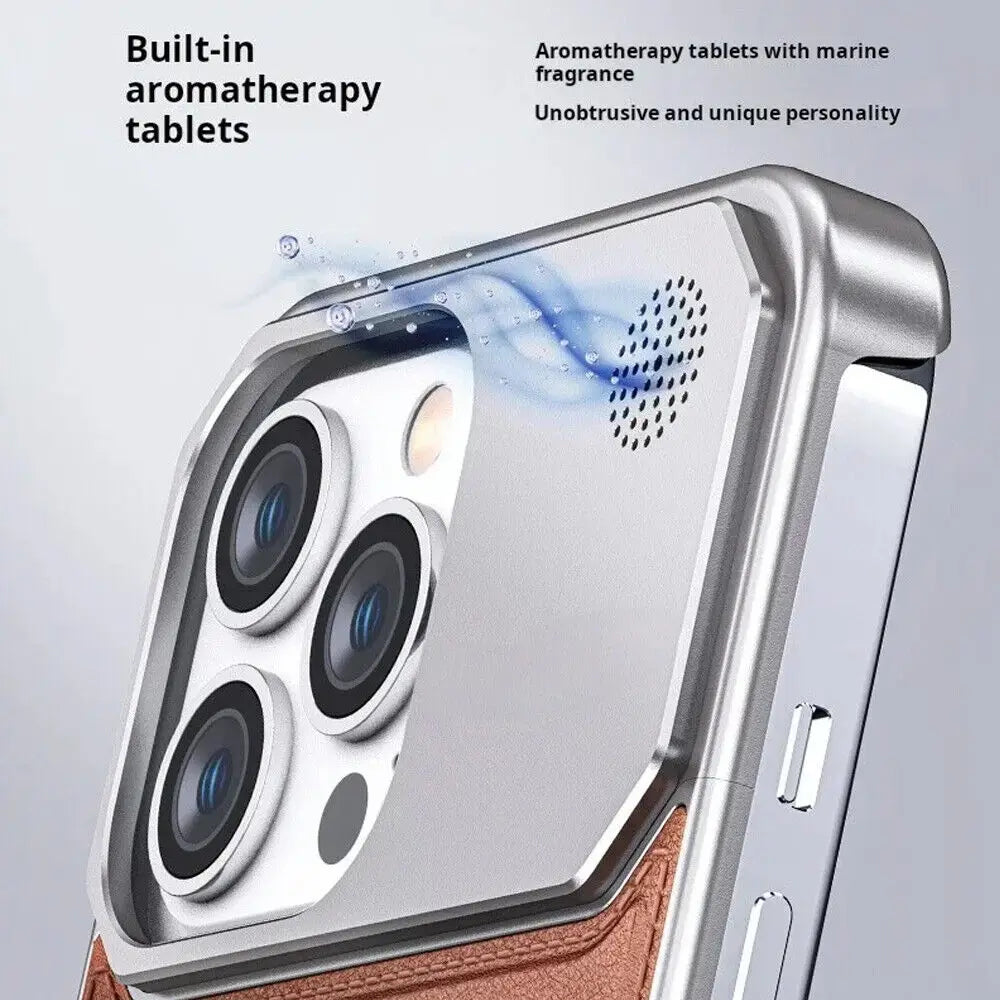 iPhone 15 Pro Max Frameless Metal AeroFLex Aluminum & Leather Case with Aroma