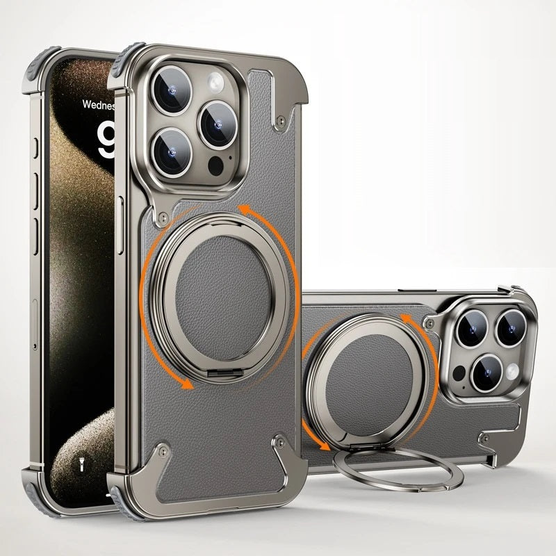 iPhone 15 Pro Metal Rimless Leather Rotating Ring Impact Resistance Casing with MagSafe - Titanium