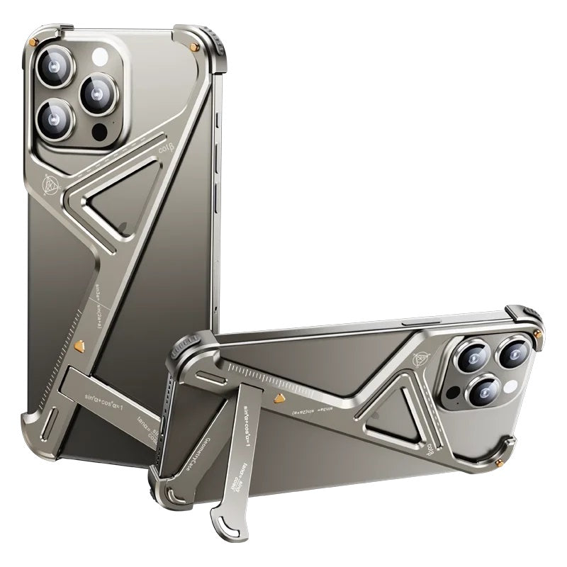 iPhone 16 Pro Luxury Geometric Style Aluminum Frameless Metal Case with Kickstand - Titanium
