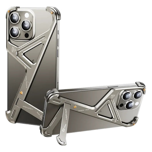iPhone 16 Pro Luxury Geometric Style Aluminum Frameless Metal Case with Kickstand - Titanium