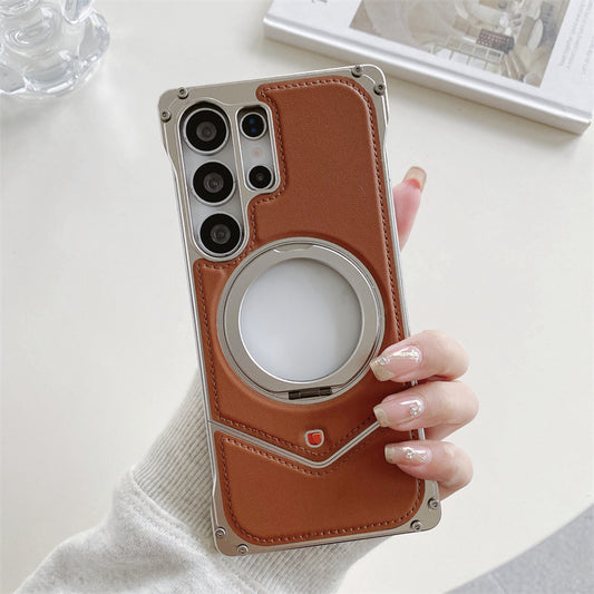 Samsung Galaxy S25 Ultra Leather Metal Bumper Case with Magsafe & Stand - Brown