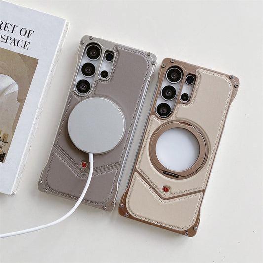 Samsung Galaxy S25 Ultra Leather Metal Bumper Case with Magsafe & Stand - Desert