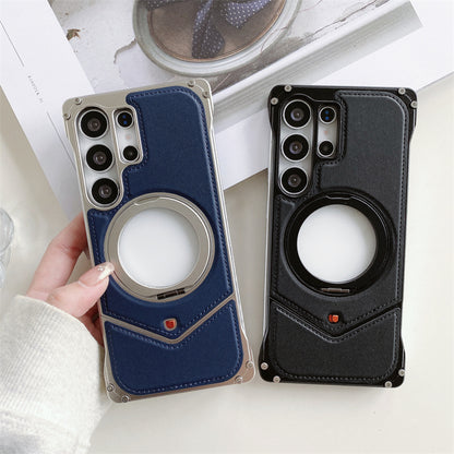 Samsung Galaxy S25 Ultra Leather Metal Bumper Case with Magsafe & Stand - Black