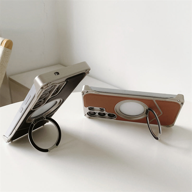 Samsung Galaxy S25 Ultra Leather Metal Bumper Case with Magsafe & Stand - Brown