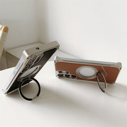 Samsung Galaxy S25 Ultra Leather Metal Bumper Case with Magsafe & Stand - Brown