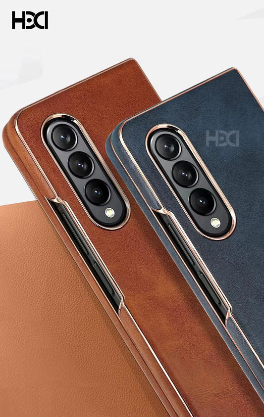 Samsung Galaxy Z Fold 4 Slim Golden Line Luxury Leather Case-Blue
