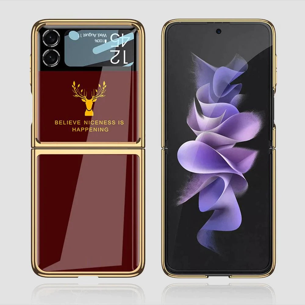 Samsung Galaxy Z Flip 3 Deer Pattern Glass Case-Wine