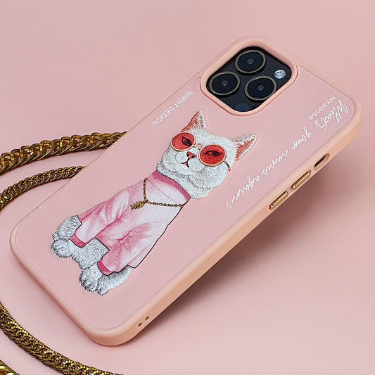 iPhone 14 Pro Nimmy Embroidery Shockproof Glass Series Case - Pink