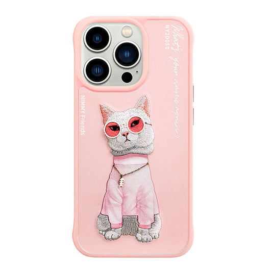 Nimmy Embroidery for iPhone 14 TPU+PU Leather Shockproof Glass Case-Pink Beauty